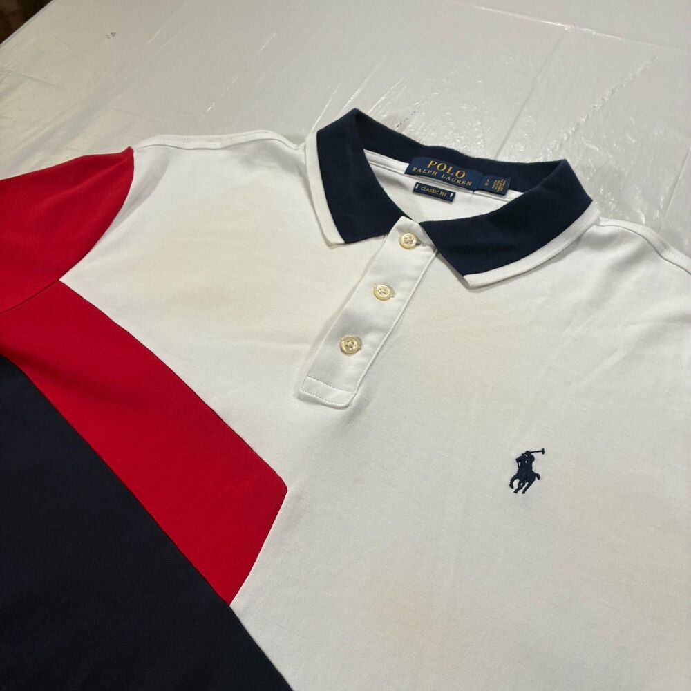 Polo Ralph Lauren Polo Shirt Mens L Classic Fit White Red Navy Colorblock Cotton